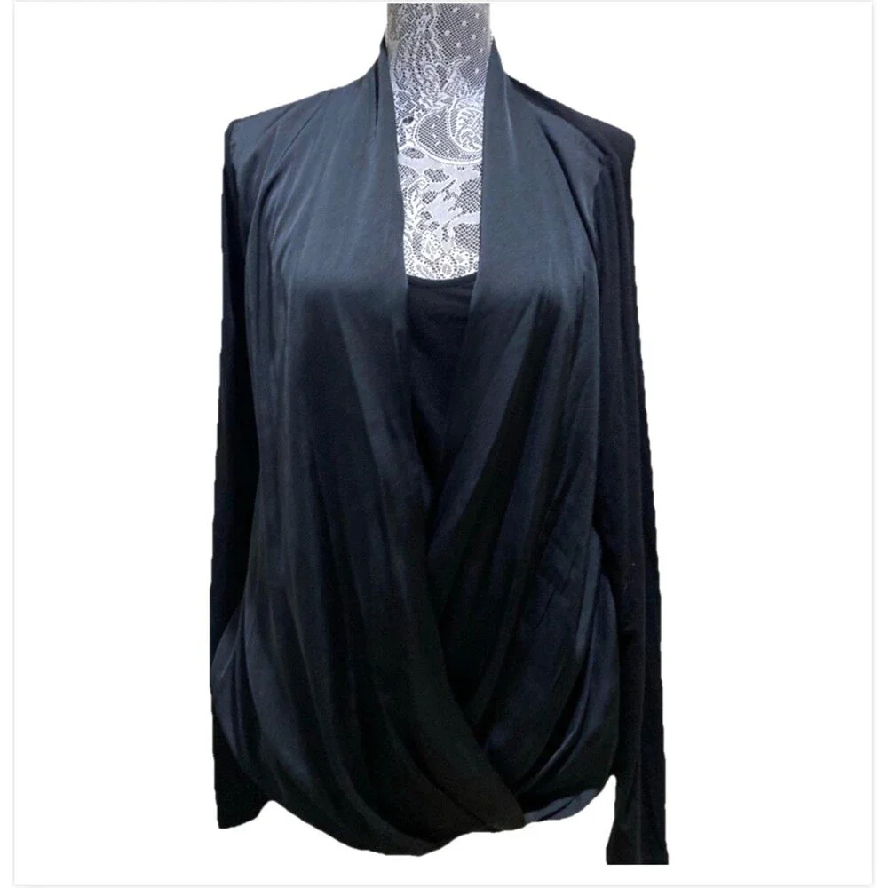 Michael Kors Women L Black Draped Crossover Blouse L/S Surplice Wrap Shirt Top